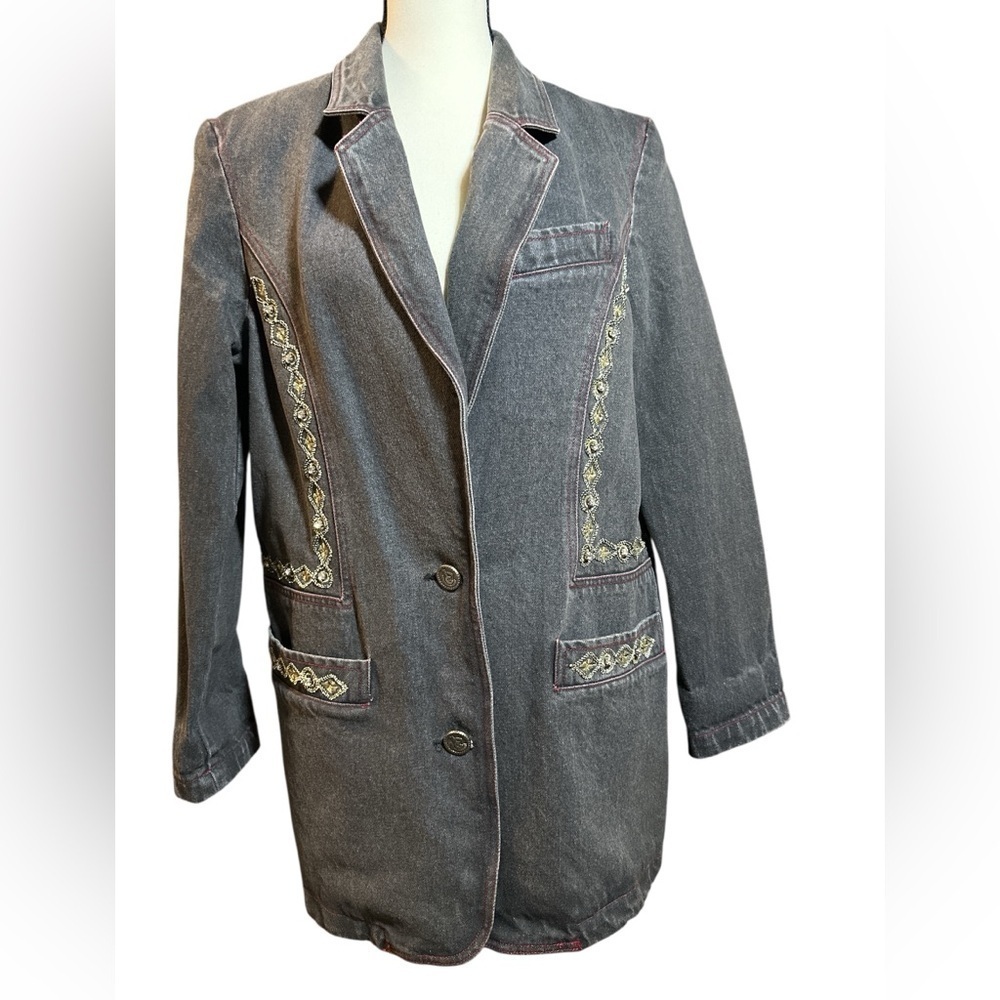 Vintage Embroidered and Jeweled Gray Denim Blazer